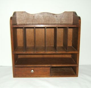 Vintage Wall Hanging Wood Desk Pigeon Hole Mail Organizer Mini Cabinet W/ Drawer
