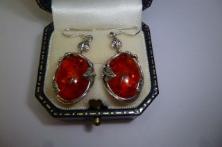 Vintage Art Nouveau Style Sterling Silver Marked 925 Amber Earrings