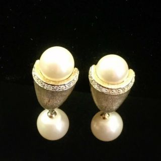 Vintage Vendome Faux Pearl Rhinestone Gold Tone Clip On Dangle Earrings Elegant
