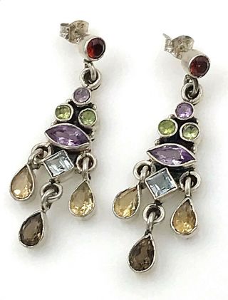 Vintage.  925 Sterling Silver Dangling Multi - Gemstone & Shape Chandelier Earrings
