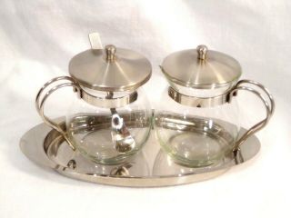 Vintage Mid - Century Modern Sugar Bowl & Creamer Set With Tray & Spoon