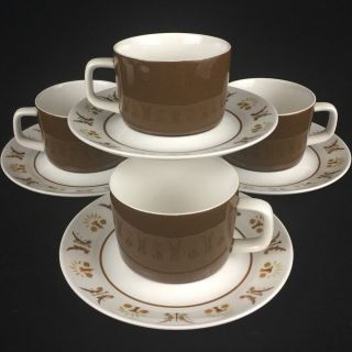 Set Of 4 Vtg Cups And Saucers By Mikasa Mediterrania Rick Rack Brown 4037 Japan