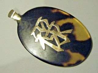 Vtg Lucky Chinese Character Pendant 14k Gold Inlaid Faux Tortoise Shell Lucite