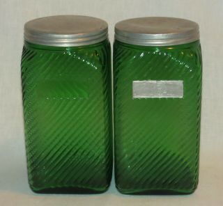 2 Vintage Hoosier Emerald Green Glass Canisters - Sugar & Blank - Owens Illinois