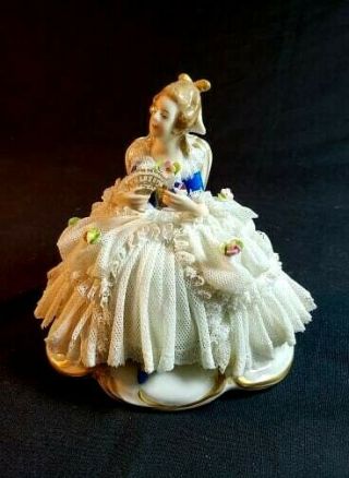 Vintage German Dresden Lace Decorated Figurine Woman In Chair