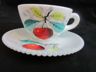 Vintage Westmoreland Milk Glass Beaded Edge Painted Fruit Cup & Saucer Apple