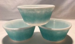 3 Vintage Hazel Atlas Scalloped Rim Milk Glass Turquoise Aqua Bowls