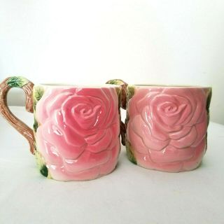 Pair Vintage Oci Fitz & Floyd Ceramic Mugs Rose Omnibus Japan 1980s
