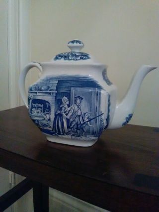 Vintage Liberty Blue Minute Men 6 Cup Teapot & Lid Historic Colonial Scenes