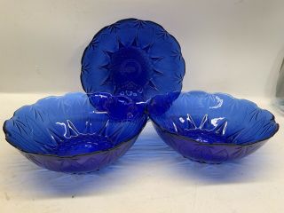 Vintage Set Of 3 Colbalt Blue Glass Bowls - Patterned Colbalt Blue Glass Bowls