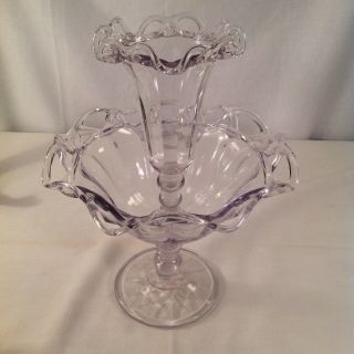 Vintage Clear Imperial Glass Bowl And Epergne Crocheted Lace Pattern