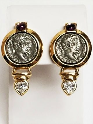 High End Vintage Gold Tone Amethyst Glass Cab Rhinestone Roman Coin Earrings
