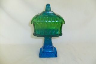 Vintage Blue And Green Carnival Glass Candy Dish With Lid And Footed Pedestal