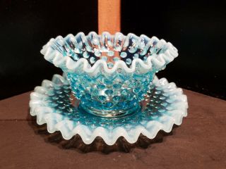 Vintage Fenton Hobnail Opalescent/blue Ruffled Edge Dish/matching Under Plate