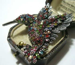 Vintage Style Hummingbird In Flight Rainbow Crystal Jewellery Pendant Brooch Pin