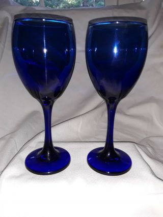 Vintage Set Of Two (2) Cobalt Blue 7 3/4 " Glass Stemmed Wine Goblets