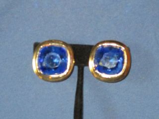 Vintage Signed Givenchy Gold - Tone Metal Blue Rhinestone Clip Earrings