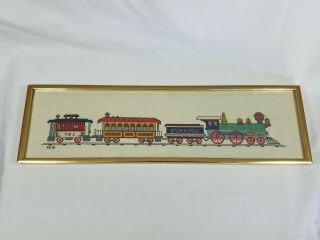 Vintage Needlepoint Cross Stitch Framed Wall Art Train Kids Room Nursery Durango