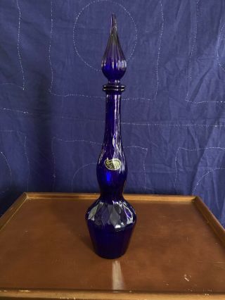 Vintage Blue Empoli Glass Decanter With Lid By Rossini - Italy W/ Sticker 18.  5”