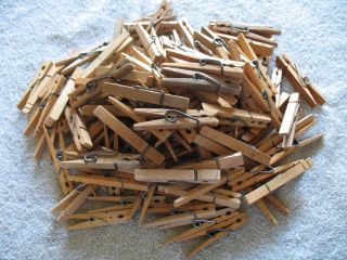 110 Vintage Weathered Clothespins Spring Loaded Wood Aligator Wire Clip Laundry