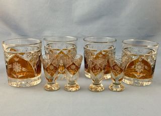 Vintage Set Of 4 Czech Bohemian Crystal Amber Clear Shot Glasses And 4 Tumblers