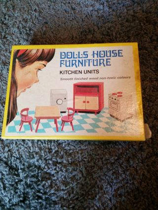 Vintage Hand Crafted Smooth Wood Small Doll House Furniture - Kitchen W Box
