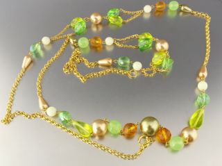 Vintage 70’s Long Orange,  White & Green Glass & Plastic Bead Necklace