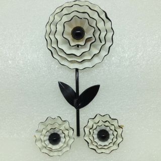 Vintage Layered Flower Brooch Pin Clip On Earring Set Black White Enamel Jewelry