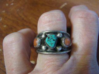 Vintage Sterling Silver Ring With Red Coral N Turquoise 7 - 3/4 Size - Wide Band