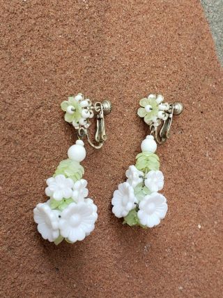 Signed Miriam Haskell Vintage Dangle Screw Clip Earrings Green & White Flowers