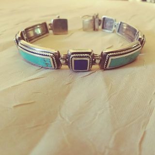 Vintage Sterling Silver Turquoise And Lapis Lazuli Ramp Clasp Bracelet