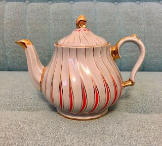Vintage Sadler England Swirl Teapot 2826 Smokey Grey With Gold & Red Trim
