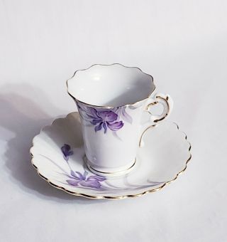 Vintage Cherry China Made In Japan Tea Cup And Saucer Set Purple Flower Gold Rim