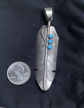 Vintage Large 3,  ” Sterling Silver & Turquoise Feather Pendant - Signed Db