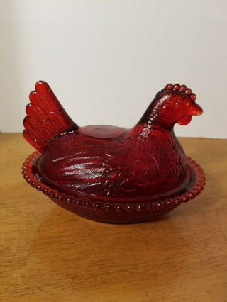 Vintage Red Indiana Glass Chicken In Nest Candy Dish