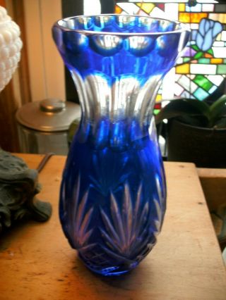 Vintage Czech Bohemian Cobalt Blue Cut To Clear Crystal Glass Vase 7 1/4 Inches