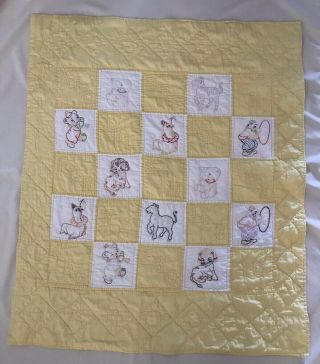 Vintage Gingham Baby Quilt Handmade Embroidered Blanket Circus Animals
