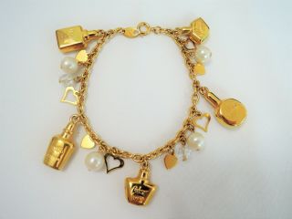 Vintage " Trifari " Gorgeous Gold Plated Faux Pearl Perfume Bottles Charm Bracelet
