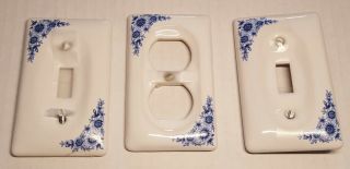 Vtg Ceramic Light Switch Plate Cover And Outlet Cover Blue Flowers On White