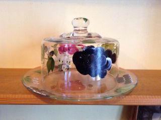 Pretty Hand Painted Vintage Glass Cheese Plate With Lid