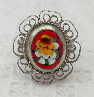 Vintage Italian Flower Micro Mosaic Silver Filigree Metal Ring Adjustable Brooch