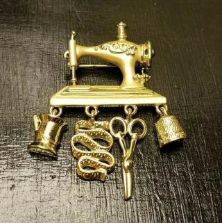 Vintage Danecraft Sewing Machine Gold Tone Dangling Charms Brooch Pin Gift Craft