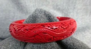 Fab Vintage Chinese Carved Dragons Red Cinnabar Bangle Bracelet 7/8 " Wide