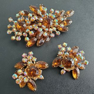 Unsigned Judy Lee Vintage Amber Rhinestone Ab Flower Brooch Pin Earrings Set N72
