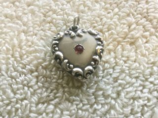 Antique Vintage Sterling Puffy Heart Charm W Repousse & Amethyst Colored Stone