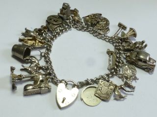 Vintage Sterling Silver Charm Bracelet With Heart And 20,  Charms 60g 20cm Cb8