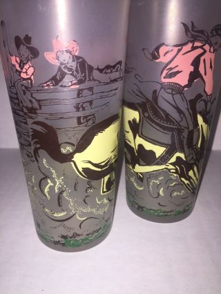 2 Vintage Glass Tumbler Western Cowboy Bucking Horse Rodeo Saddle Frosted Pair