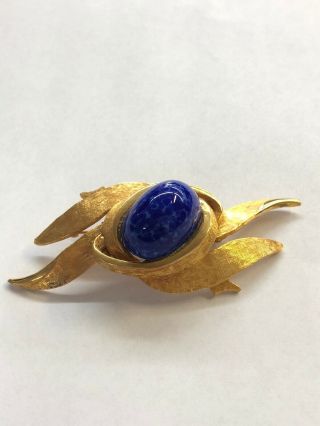 Estate Vintage Signed Hattie Carnegie Large Blue Stone With Gold Tone Brooch Pin