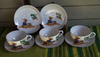 Vintage Hand Painted Mexican/western Themed Porcelain Cup And Saucers,  Japan 8pc