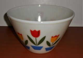 Vintage 9 1/2 " Diameter Fire King Large Mixing Bowl Milk Glass Tulips